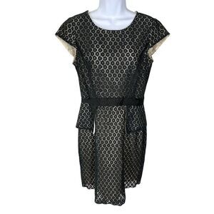 Gabby Skye Black & Tan Sheer Crochet Cap Sleeve Sheath Dress Women’s Size 10